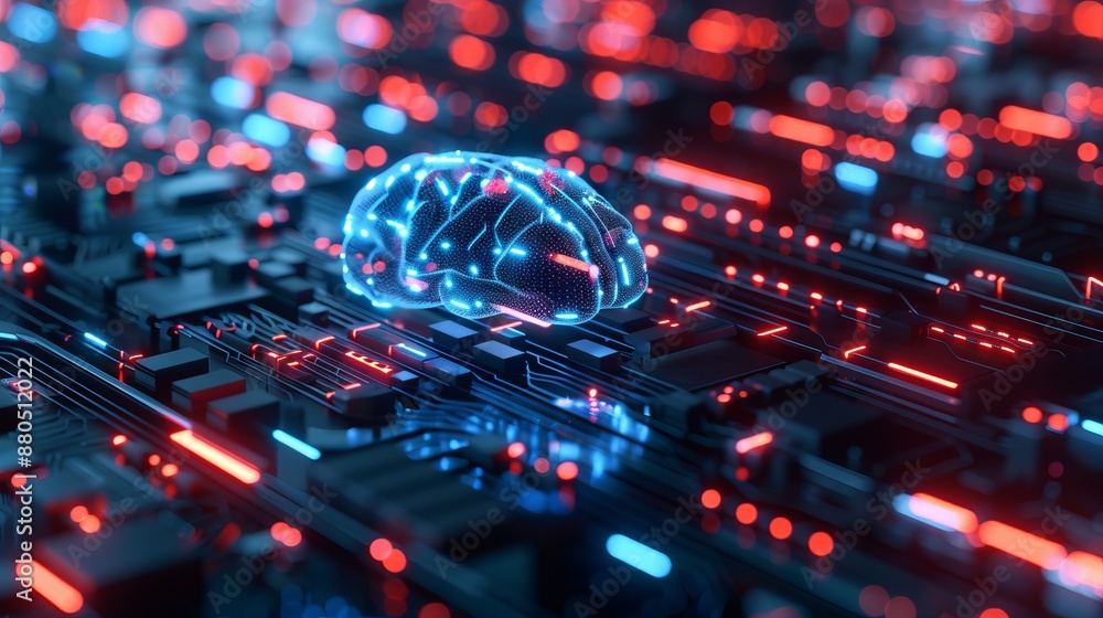 Poster 3d rendering of modern computer technology concepts featuring machine learning process with artifici