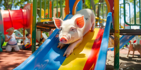 Cheerful Piglet Sliding Down Colorful Playground Slide in Sunny Outdoor Park