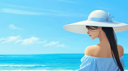 Captivating image of a girl in a blue dress admiring the ocean on a sunny day, with a stylish hat on her head.