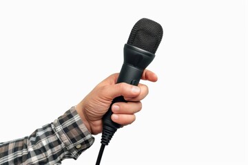 Hand of reporter with microphone isolated on white background. Journalism and broadcasting concept