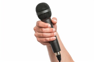 Hand of reporter with microphone isolated on white background. Journalism and broadcasting concept