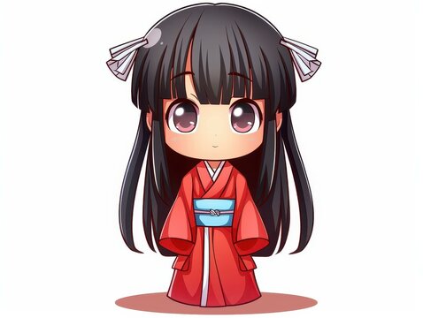 Charming Japanese miko in manga style, adorned in a cute costume, isolated on white background.