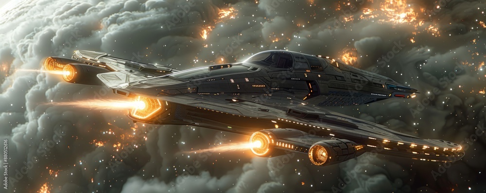 Poster a photorealistic depiction of a sleek spaceship soaring through a nebula, its engines glowing and it