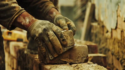 Close-Up of Mason Laying Bricks at Construction Site