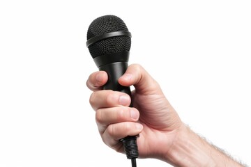 Hand of reporter with microphone isolated on white background. Journalism and broadcasting concept