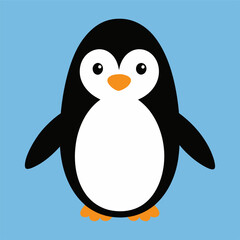A black and white penguin with an orange beak stands on a blue background