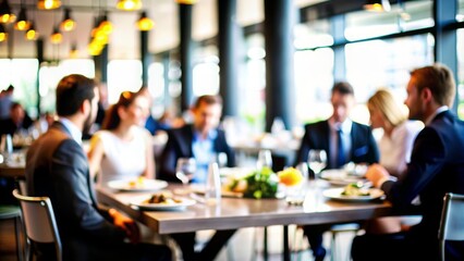 Business Lunch Blur: A blurred restaurant setting with professionals having a business lunch, perfect for networking and casual business themes.