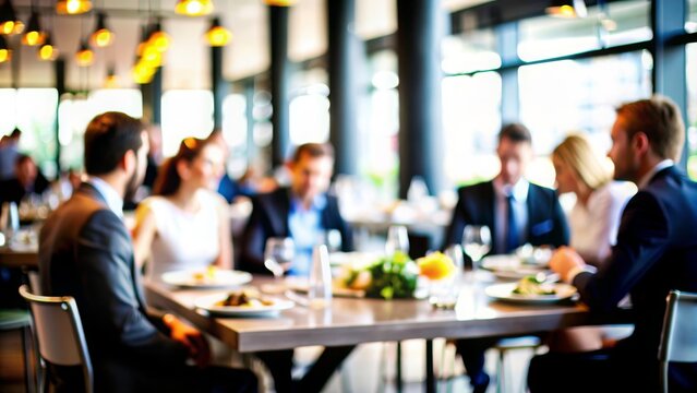 Business Lunch Blur: A blurred restaurant setting with professionals having a business lunch, perfect for networking and casual business themes.
