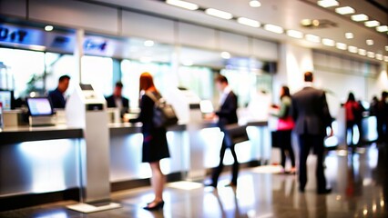 Bank Lobby Blur: A blurred bank lobby with customers and teller counters, great for banking and financial services themes.
