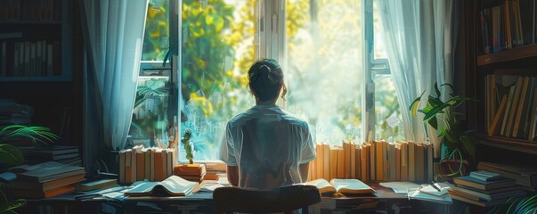 A serene portrait of a writer gazing out a window, seeking inspiration in the world around them.