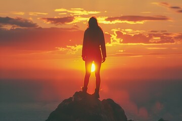 Obraz premium Silhouette of a Person Standing on a Mountain Peak at Sunset