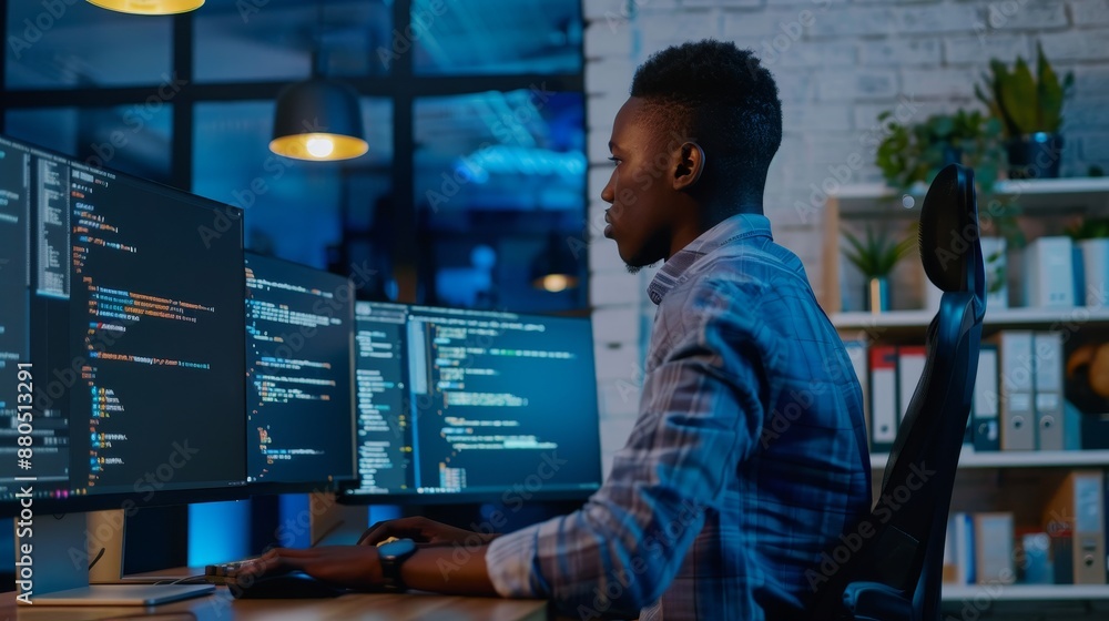 Poster a young african male programmer is sitting in the office with three monitors writing a program. the 