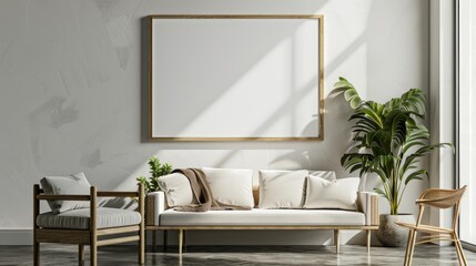 In the interior design of a modern home, a blank wooden frame mockup is placed on a wall. Vertical template mockup for artwork, paintings, photos or posters.