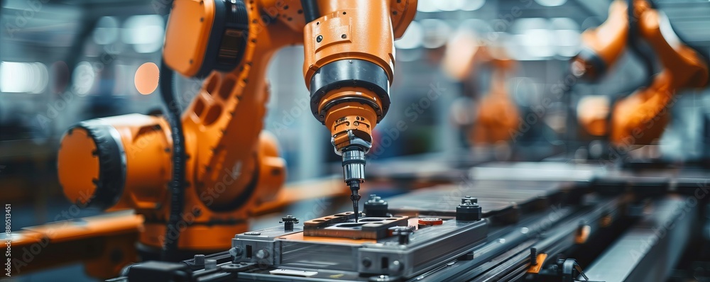 Poster a robot arm assembling a complex piece of machinery, its movements precise and efficient.