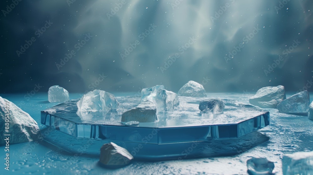 Poster the background of a 3d png file has a white texture with an empty ice podium image of a snowy indoor