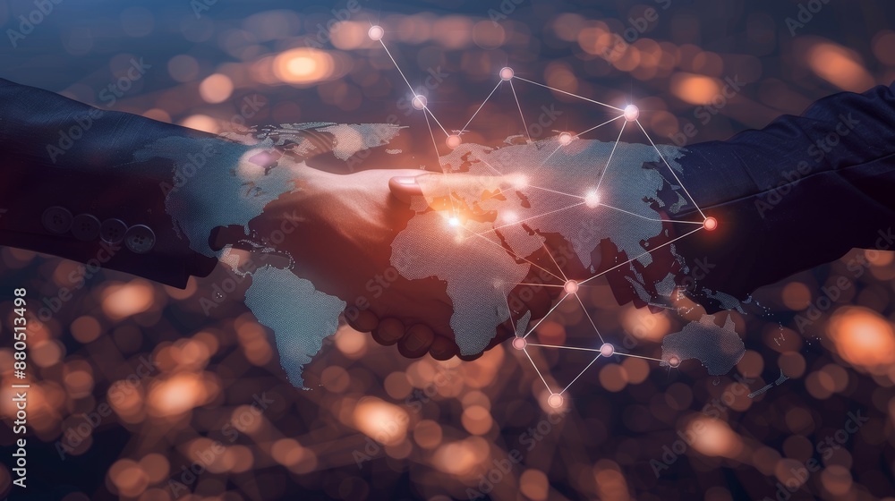 Poster an expression of a business handshake with regard to a global map with a connecting network link and