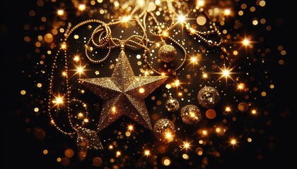 una estrella de navidad rodeada de esferas y decoracion elegante de navidad con espacio de copia para invitacion o tarjeta navideña para la temporada de diciembre
