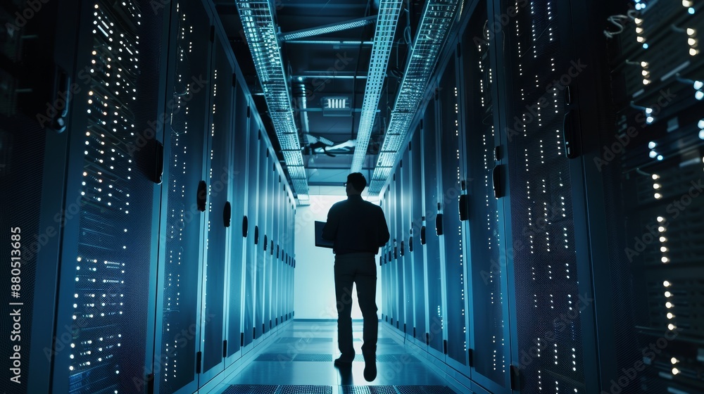 Poster inspecting working servers in a data center with a laptop computer. black it technician walks throug