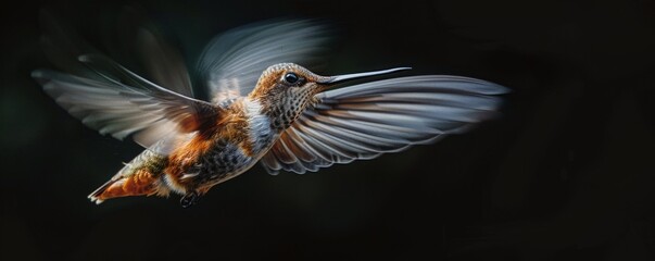 Fototapeta premium A photorealistic image of a hummingbird hovering in mid-air, its wings beating so fast they blur into motion.