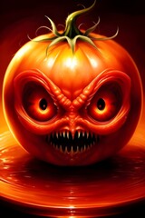 an illustration of a demonically possessed tomato, food, evil, Fiery, Sinister, Vicious, Creepy, Spooky, Dark, Wicked, Haunted, Scary, Malevolent, Monstrous, Ghastly, Diabolic, Cursed, Nefarious