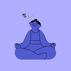Serene blue character sitting cross-legged in meditation pose with a butterfly hovering above. Creative vector illustration. Mental health wellness. Concept of health care, well-being. Hand drawn