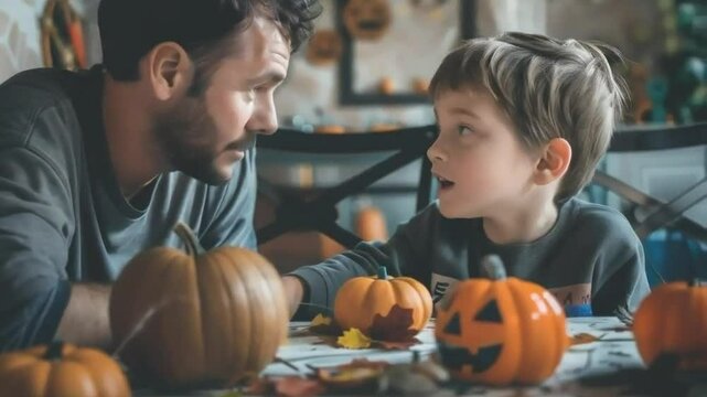 Father and Son Sharing a Moment Near Halloween Decorations