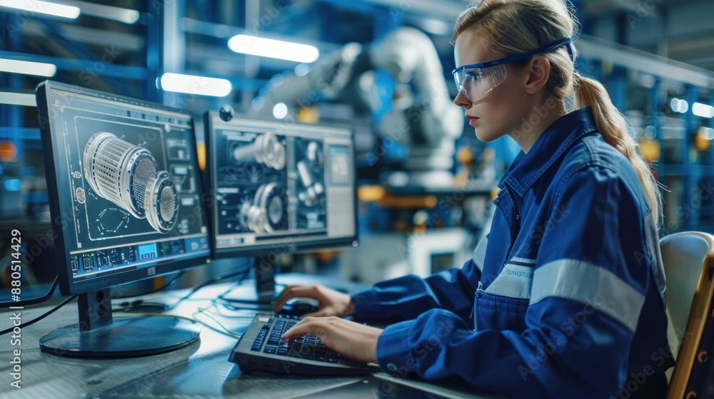 Aufkleber among the factory workers, a female mechanical engineer designs a 3d engine on her personal computer