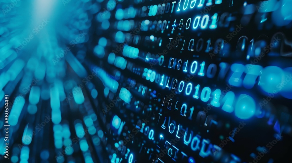 Poster on a blue background, digital binary data is displayed on a computer screen
