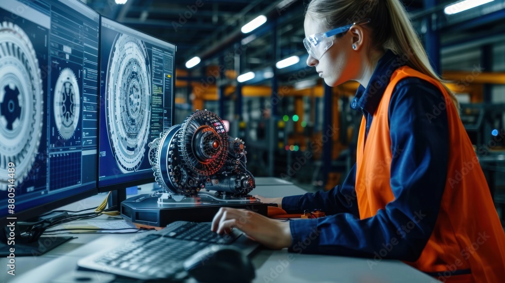 Aufkleber among the factory workers, a female mechanical engineer designs a 3d engine on her personal computer