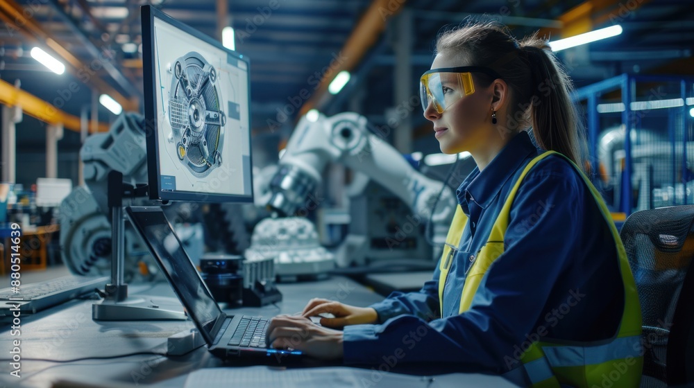 Poster among the factory workers, a female mechanical engineer designs a 3d engine on her personal computer