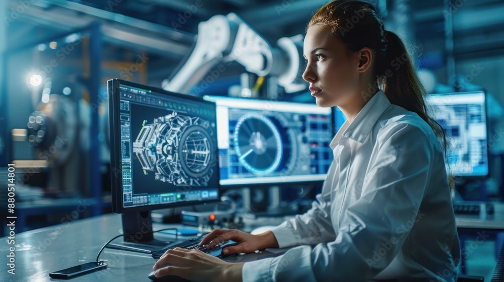 Poster among the factory workers, a female mechanical engineer designs a 3d engine on her personal computer