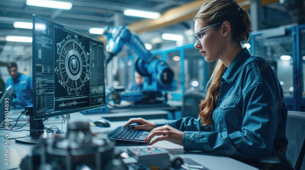 Poster among the factory workers, a female mechanical engineer designs a 3d engine on her personal computer