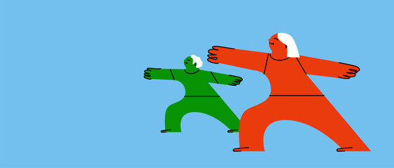 Two colorful drawn characters with positive facial expressions practicing yoga, doing exercises again blue background. Creative vector illustration. Concept of physical and mental health. Hand drawn