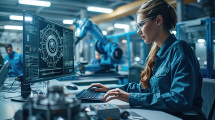 Among the factory workers, a female mechanical engineer designs a 3D engine on her personal computer, while a male automation engineer uses a laptop for programming robotic arms.