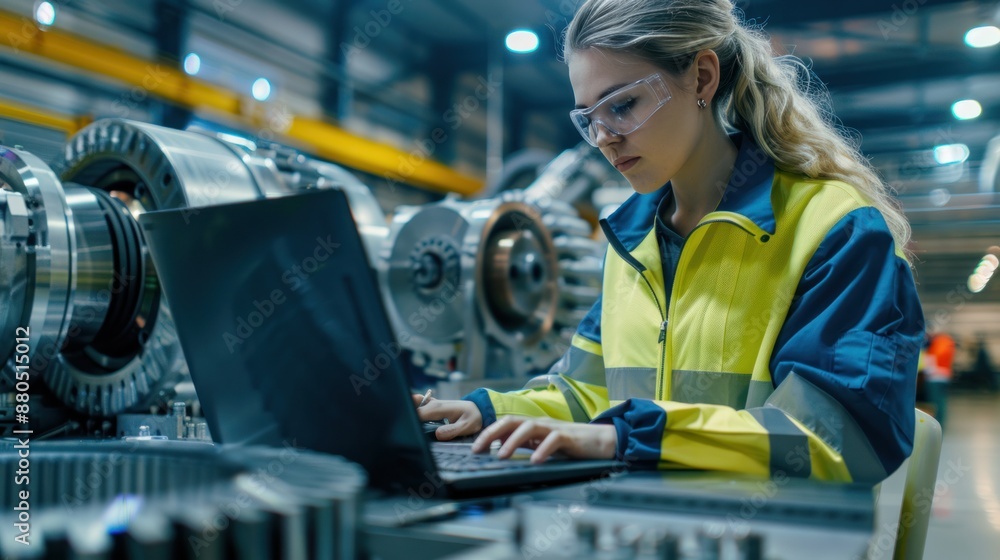 Poster among the factory workers, a female mechanical engineer designs a 3d engine on her personal computer