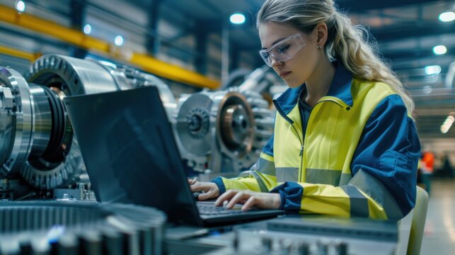 Among the factory workers, a female mechanical engineer designs a 3D engine on her personal computer, while a male automation engineer uses a laptop for programming robotic arms.