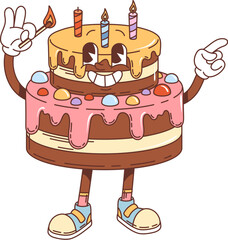 Retro groovy birthday cake character. Isolated cartoon vector festive pastry personage ready to light the candles, with colorful icing and a big smile, enjoying cheerful birthday event celebration