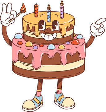 Retro groovy birthday cake character. Isolated cartoon vector festive pastry personage ready to light the candles, with colorful icing and a big smile, enjoying cheerful birthday event celebration