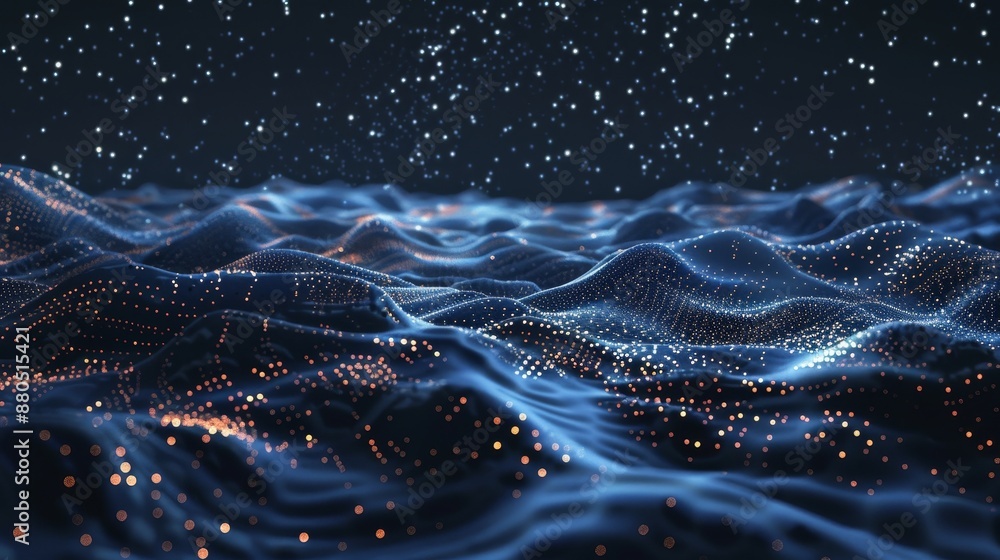 Poster a dark background with abstract landscapes. cyberspace grids. outer space. vertical orientation. sta