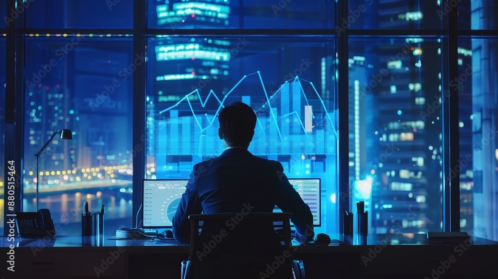 Aufkleber an analysis of business, a businessman working in an office viewing a financial graph on a computer 