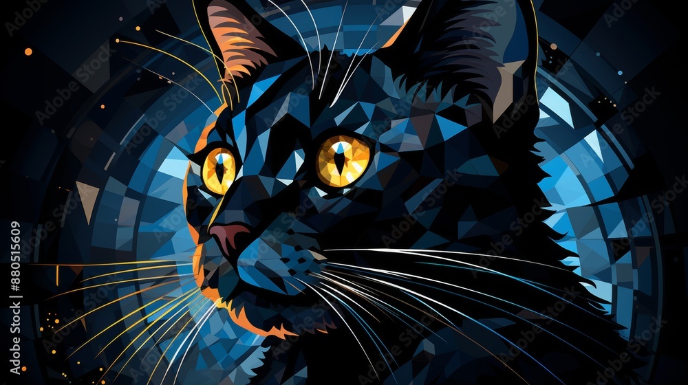 Poster a mosaic-style background with geometric shapes and patterns forming the silhouette of a cat, a play