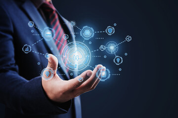 Chatbot Chat with AI, Artificial Intelligence. man using technology smart robot AI, artificial intelligence by enter command prompt for generates something, Futuristic technology transformation.