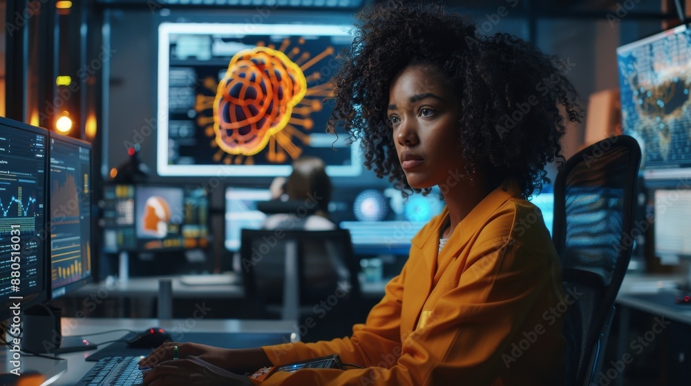 Poster multi-ethnic team of experts working on neural networks/stock projects. multiple screens show 3d vis