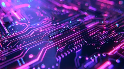 Obraz premium PCB with futuristic server code on a purple, violet, blue neon background. PCB, Code, HTML. Circuit board with embedded network technology. Printed circuit board. 3D illustration.