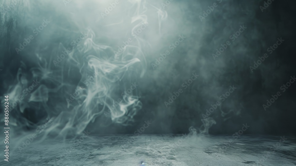 Poster The background of display products wall is made up of an empty dark abstract cement wall and gradient studio room with smoke floating up in the interior texture.