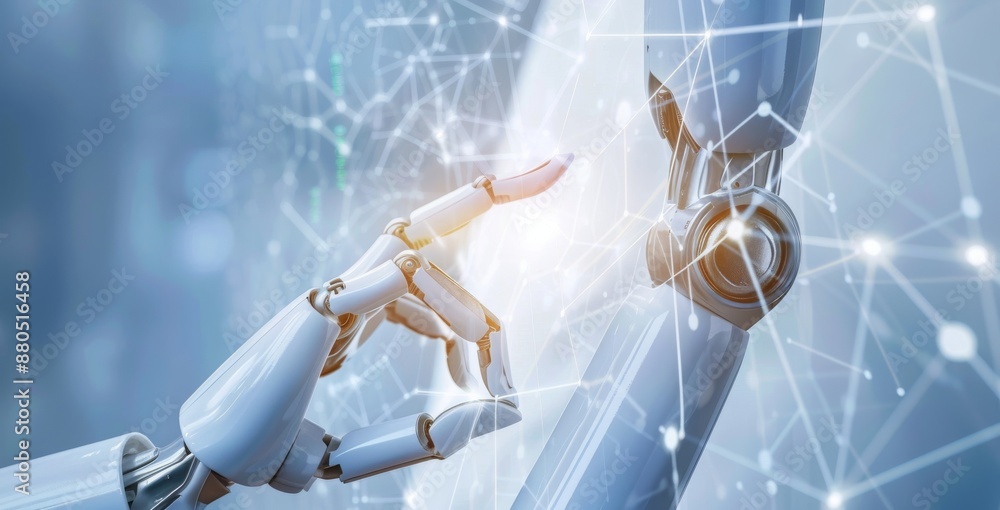 Poster touching of human fingers by a robot with a human hand, showing the interaction between humans and t