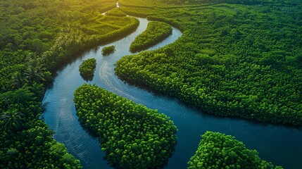 Aerial view of a winding river through lush green forest.