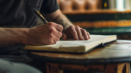 Obraz premium Left handed man hand with pen writing on notebook.
