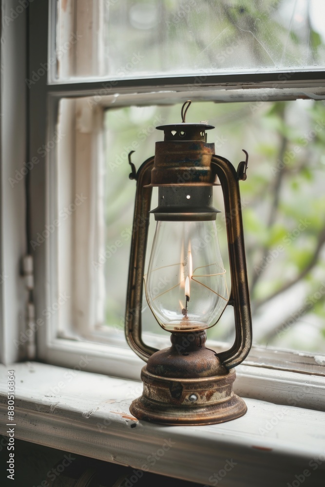 Aufkleber a single lantern is placed on a window sill