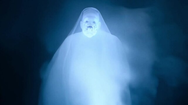 A ghostly male apparition hovers above the ground and makes a terrifying face.